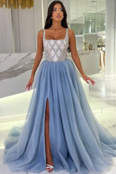 Fashionable Blue Spaghetti Strap Square Sleeveless Split Front Beaded Panel Train Tulle Prom Evening Dresses With Rhinestone
